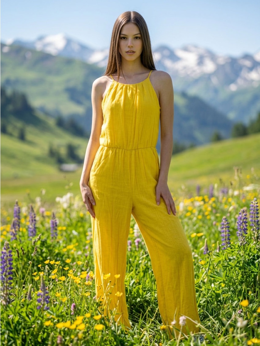 Tacera Bright Yellow Sleeveless Wide-Leg Jumpsuit